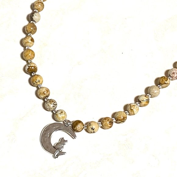 Jasper Stone Silver Cat on the Moon Necklace, Genuine Gemstone Beaded Necklace - Picture 5 of 8